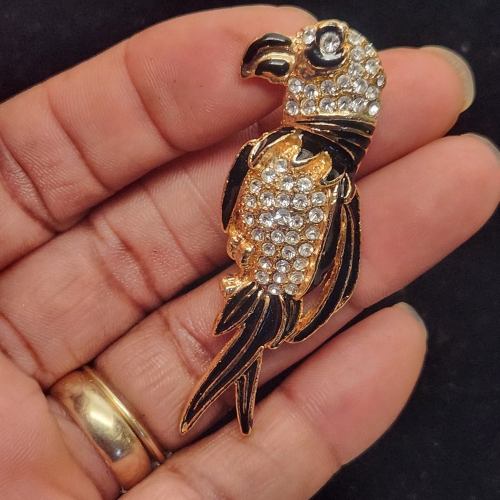 Gold Tone Rhinestone Parrot Brooch Black Enamel Tropical Bird Pin Accessory